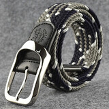 JWKE韩版编织腰带男士帆布皮带休闲百搭针扣弹力松紧青年学生牛仔裤带 深蓝灰白 110cm 建议体重131-160斤