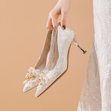 达芙妮简约百搭尖头高跟鞋女法式单鞋高级不累脚新娘鞋婚鞋 银色 35