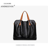 ANDSEEYOU品牌 真皮单肩包女 新款超大容量包包女士单肩包简约时尚休闲百搭牛皮字母手提包大包 黑色
