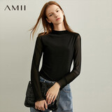AMII新款黑色长袖女T恤半高领修身显瘦薄款网纱正肩上衣 黑色 160/84A/M