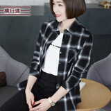 横行道2024新款女装纯棉格子宽松上衣服棉质港风衬衫休闲外套长袖衬衣 黑色 L