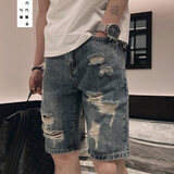 写璇 牛仔短裤男破洞五分裤潮流夏天薄款休闲5分中裤男生直筒修身5分短裤青少年磨破时尚百搭乞丐裤 蓝色 2XL（130-145斤）