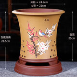 爵遇良品紫砂花盆兰花盆宜兴精品盆带托盘兰花专用蝴蝶兰吊兰手工彩绘花盆 明黄色(配套底座) 大