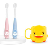 皓牛（HAONIU）儿童牙刷软毛超细1-2-3-4-5-6岁以上婴幼儿乳牙宝宝牙膏牙杯套装 儿童万毛蓝粉2支+小黄鸭水杯