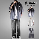 星宿摇（xingsuyao）日系穿搭字母色短袖衬衫男生套装痞帅男装一套搭配夏季薄款中年 黑色衬衫+白短T+黑灰色渐变牛仔裤【三件套】 XL