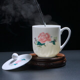 千红窑醴陵瓷器茶杯陶瓷带盖泡茶杯办公室水杯釉下五彩手绘家用待客杯子 芙蓉国里