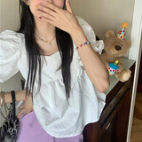 VEOX2025年甜美设计感泡泡袖方领娃娃衬衫女短款黑色短袖女显瘦上衣女 白色 M _100-110斤