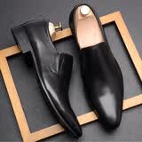 WOUFO英伦真皮尖头皮鞋男潮流一脚蹬松紧口商务套脚皮鞋正装男鞋透气 黑色 39