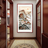 澜鹰入户玄关装饰画山水画竖版字画新中式客厅挂画走廊过道迎客松壁画 E款 泰山日出 带框65*125厘米（胡桃色）