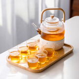 述茗轻奢花茶壶水壶套装水果茶壶下午茶蜡烛加热花草果茶玻璃杯子茶具 竹提梁+6杯+炉+盘+50个蜡烛 800ml