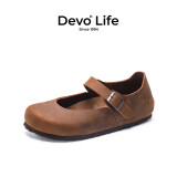 Devo Life的沃软木鞋包头搭扣包跟全包文艺森女日系复古休闲女鞋66009 深棕油蜡牛皮 34