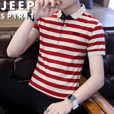 JEEP SPIRIT吉普短袖T恤男夏季polo衫半袖翻领条纹商务休闲修身 红条纹 XL