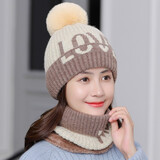 浩冠 帽子女冬季户外骑车防风帽加厚加绒保暖毛线帽围巾冬天防寒针织帽 米色 帽子围脖两件套