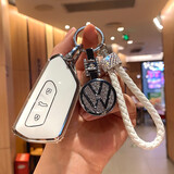 苏萌大众高尔夫8汽车钥匙套车id4xcrozz凌渡L包id3女id6揽境途昂壳扣 【D款】白壳+带钻车标+白编织绳