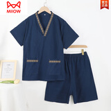 猫人（MiiOW）纯棉麻足浴汗蒸服男款足疗店客人衣服洗浴中心睡衣足道汤泉桑拿服 蓝色长城边 2XL