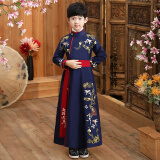 喵驼汉服男童古装男孩穿的古装汉服春秋款式唐装中国风儿童古装 藏青圆领袍 送折扇 150