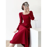 GARNUO红色长袖连衣裙女春秋法式订婚礼服敬酒服平时可穿红裙子收腰长裙 红色【长袖长款】 XS【80-100斤】