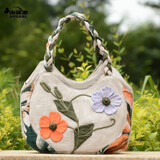 南潇湘2022新款民族风手提包女棉麻帆布文艺休闲文艺小拎包妈妈轻便小包 浅灰色