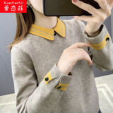 萱恋菲针织衫女2023年新款秋冬打底衫女翻领上衣宽松百搭洋气娃娃领 卡其色 XL 建议121-130斤