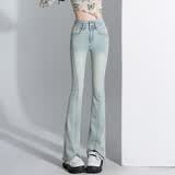 妙奕嘉高腰牛仔裤女微喇裤紧身喇叭裤春季新款修身裤子显瘦马蹄裤小脚裤 毛边微喇牛仔裤【浅蓝色】 S 【建议86-95斤】