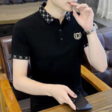 轩莱雅 夏季冰丝翻领短袖t恤男士小蜜蜂刺绣有冰感polo上衣潮流休闲男装 KC-A08【黑色】 2XL 【建议125-135斤】