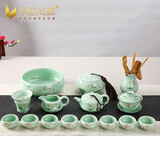 承韵尚樽（VHUNSZON）景德镇手绘功夫茶具套装青瓷整套荷花盖碗杯子客厅办公高档送礼 青瓷荷花全家福+礼盒包装 16件