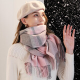 达芬奇密码 羊毛围巾女秋冬新款百搭英伦格子羊毛披肩防寒保暖送人礼物 14# 深粉混灰