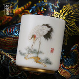 梵陶阁 德化白瓷羊脂玉浮雕描金主人杯松鹤延年单杯陶瓷功夫茶具手工泡茶盏 羊脂玉瓷品茗杯子礼盒套装 松鹤延年羊脂玉杯（款式六）