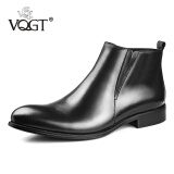 VQGT新款男士高帮皮鞋英伦尖头皮靴头层牛皮男靴短靴拉链加绒马丁靴 黑色 38