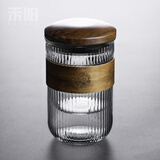 禾阳日式锤纹玻璃杯三件杯茶水分离带过滤泡茶杯随身防烫喝茶杯子 竖纹木盖三件杯