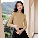 熙世界肌理蕾丝打底衫女2024秋冬新款花边半高领内搭长袖T恤上衣 浅卡其 M