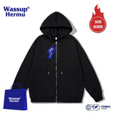 WASSUP HERMU官方潮流连帽卫衣男秋冬季运动休闲情侣套装大码外套潮牌长袖开衫 加绒加厚-黑色 M （建议100-120斤）
