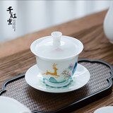 千红窑 原创系列纯手绘三才盖碗茶杯耐热单个陶瓷功夫茶具家用薄白瓷泡茶碗醴瓷器陵全手工茶器盖碗礼盒包装