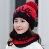 浩冠 帽子女冬季户外骑车防风帽加厚加绒保暖毛线帽围巾冬天防寒针织帽 暗红色 帽子围脖两件套