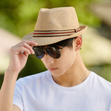 BILLSURF 草编帽子男韩版潮时尚遮阳小礼帽英伦复古爵士帽绅士帽防嗮凉帽 卡其 均码