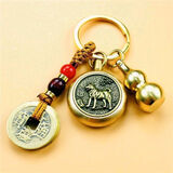 萌悦黄铜十二生肖转转钱钥匙扣汽车挂件单面旋转吊坠 五帝钱+葫芦+生肖转狗