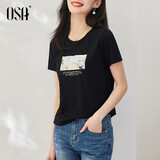 欧莎（OSA）T恤女士夏季新款衣服短袖印花上衣体恤修身潮清爽冰瓷棉感 黑色 L