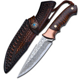 煌利 户外装备工具小刀具大马士革钢刀子防身多功能登山用品荒野外求生刀随身花纹钢瑞士军士刀一体龙骨直刀 荣耀大马士革款+皮套