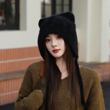 听风说兔毛毛线帽可爱小熊针织帽子秋冬季保暖小耳朵帽子 黑色 均码55-59cm