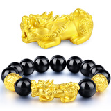 唯誠越南电镀沙金3d硬皮丘貔貅手链串男不掉色黑曜石玛瑙手链女首饰 福禄双全【大貔貅款】 珠子14mm