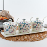 金岚玉骨瓷调料罐三件套带骨瓷托盘调料罐子3个套装调味罐 青雀之喜-调料罐三件套