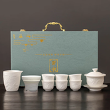 瓷牌茗茶具（cipaiming teaset）羊脂玉茶具套装德化白瓷茶壶泡茶器办公室会客盖碗功夫茶杯整套 外素《龙凤呈祥》皮箱装 10头