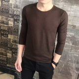 【买两件免邮】男士长袖t恤纯色土夏天长薄款秋衣上衣服外穿秋天夏季男学生血春秋 长袖 圆领 棕色 5XL码185-205斤