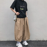 ngmt @新品。日系@港仔文艺男 韩国ulzzang原宿风宽松松紧灯笼裤阔腿裙裤潮 卡其色 M