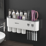 QUNEST双挤牙刷架免打孔浴室置物架牙膏牙杯架卫生间壁挂式磁吸牙缸套装 4杯款灰色+双挤牙膏器+杯贴