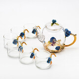 青麦 珐琅彩茶壶套装耐热玻璃功夫茶杯套装花茶下午茶具礼盒装 蓝玫瑰七件套+礼盒装 7头