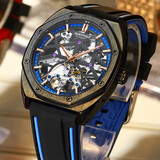 马克华菲（MARK FAIRWHALE）手表男士机械表全自动方形透底陀轮双面镂空夜光防水腕表国潮男表 黑壳蓝面硅胶