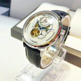 瑞士认证罗宾尼（LOBINNI）瑞士风格手表男士机械表全自动商务镂空飞轮时尚男表前十大名圣诞节礼物 【时光轮系列】银壳白面黑皮【16020】