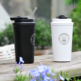 DFIFAN咖啡杯男女士保温杯高颜值学生便携水杯车载吸管杯双层隔热杯子 白色500ML（304内胆+保温保冷）
