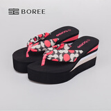 宝人（boree）夏季凉拖鞋女高跟海边防滑沙滩鞋厚底坡跟时尚外穿花纹夹脚人字拖 红色 38